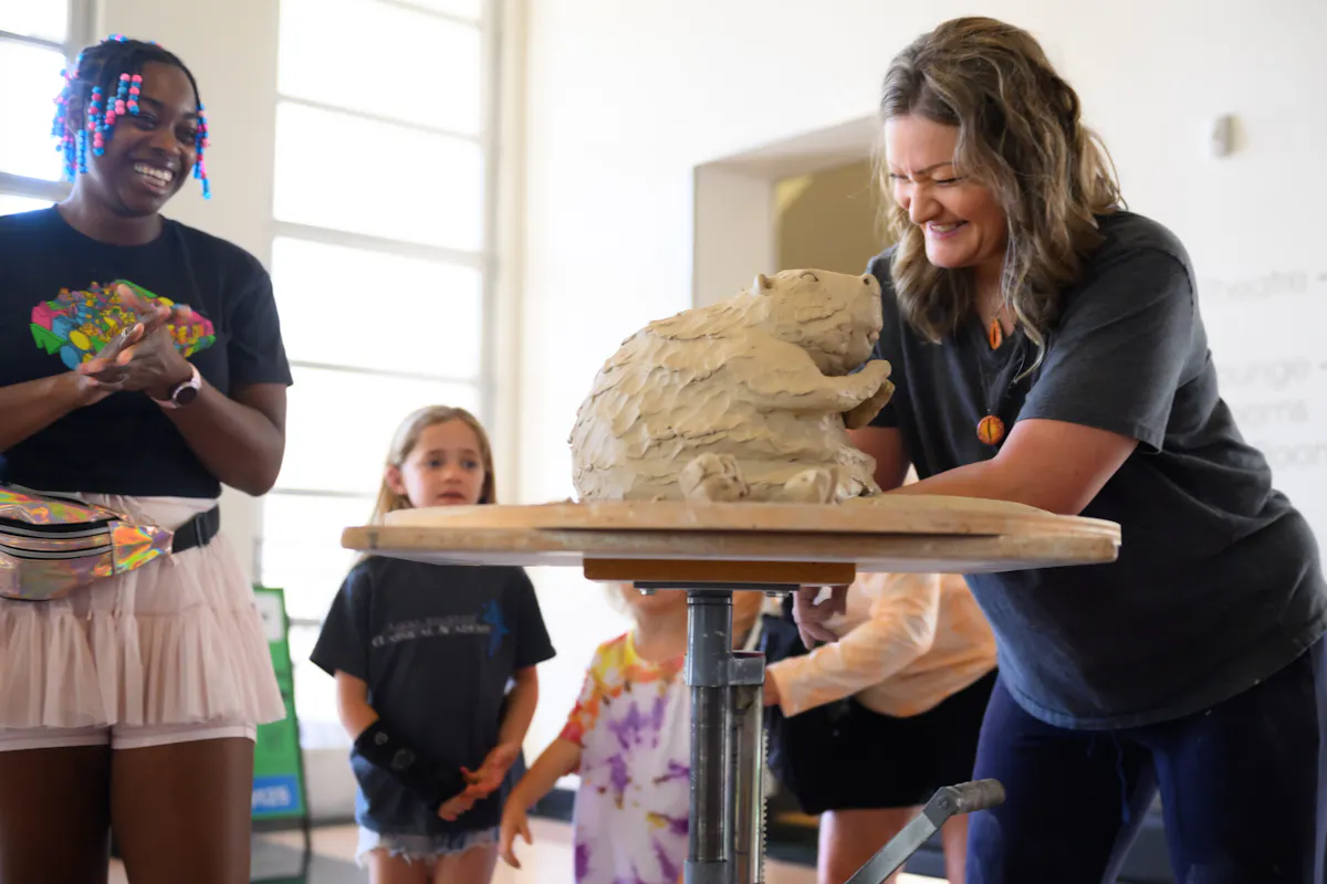 Nitra Olsen gives a ceramics demonstration at the FAC during a free Family Adventure Day May 30, 2026. Photo by Mark Reis / Colorado College